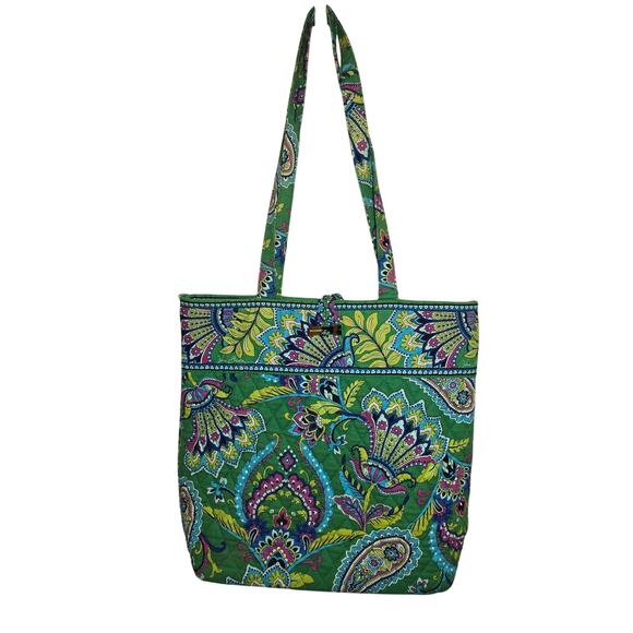 Vera Bradley Large Green Paisley Floral Quilted Tote Bag 3 Internal Pockets - Picture 1 of 5